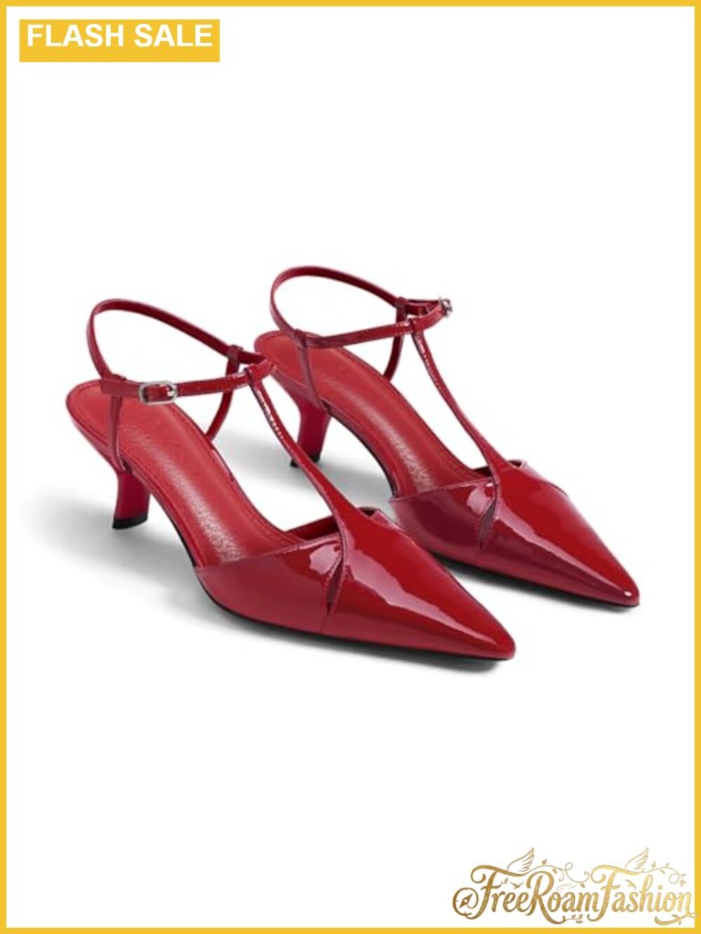 Faux Leather Kitten Heel T-Strap Cutout Pointed Toe Pump